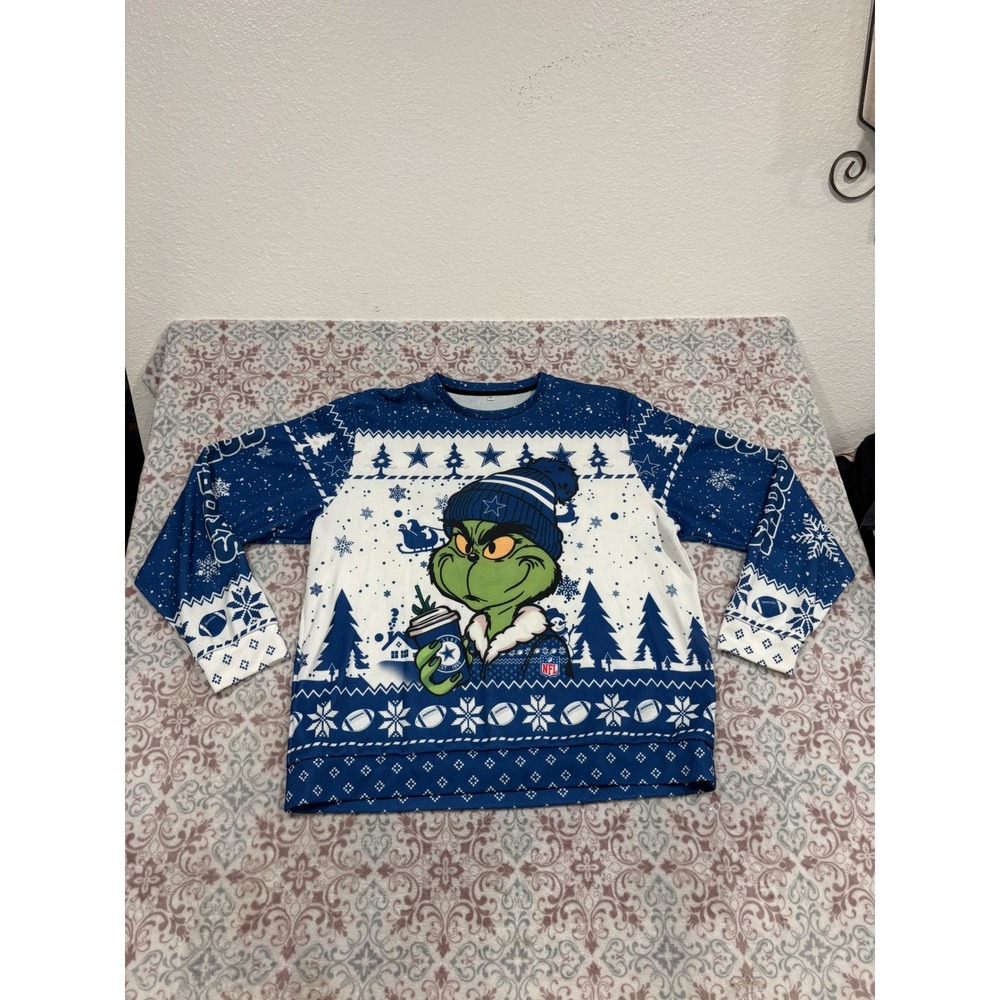 Dallas Cowboys Grinch Ugly Christmas Sweater Shirt Mens 2XL Blue NFL Holiday